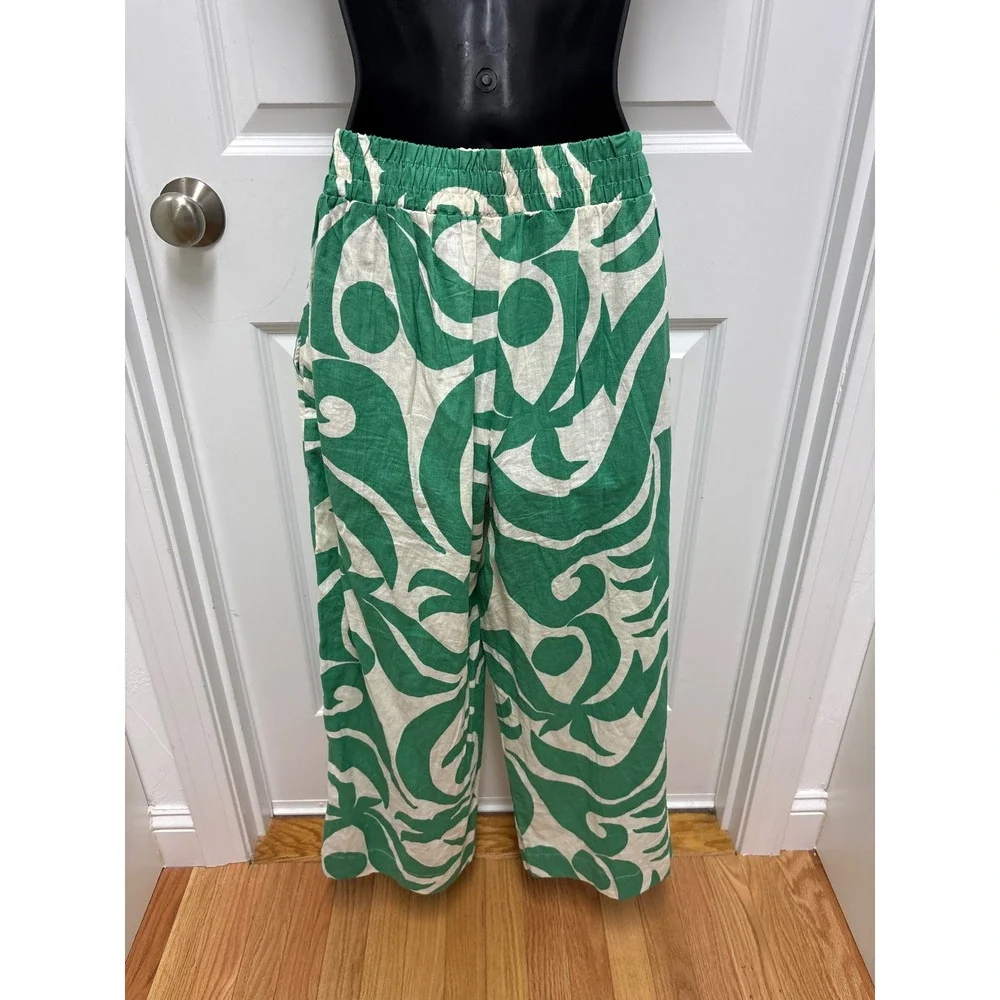 Green & White Abstract Wide Leg Elastic Waistband Lightweight Linen - Size XS